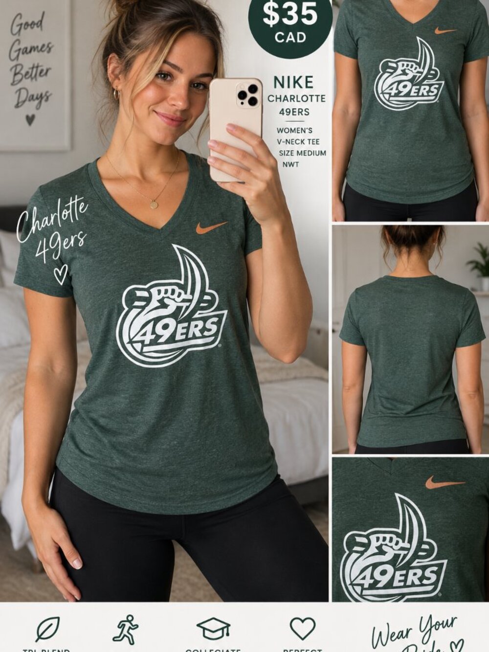Nike Charlotte 49ers Women’s V-Neck Tee – Medium – NWT